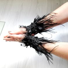 Ostrich Feathered Floral Lace Bracelet Jewelry Hand Beaded | Etsy Shoulder Necklace, Halloween Bracelet, Fake Collar, Feather Bracelet, Lace Bracelet, Beaded Tulle, Lace Cuffs, Neck Accessories, Black Beaded Jewelry