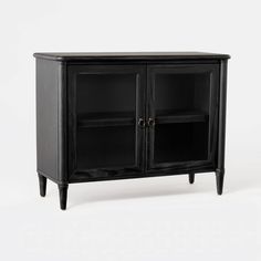 a black cabinet with two doors and shelves