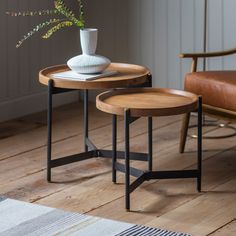 Stylish Mango Wood & Iron Nested Side Tables – Compact & Contemporary Design - Decor interiors Nest Of Tables Wood, Nesting Table And Chair, Black Metal Nesting Table, Industrial Nesting Table, Metal Nesting Side Tables, Nest Of Tables Scandi, Nest Side Tables Living Room, Wood Nesting Side Tables, Modern Metal And Wood Furniture