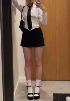 @fairyemil Suit And Tie With Skirt, White Shirt And Tie Outfit Women, Skirt Tie Outfit, Tie Outfit For Women Grunge, Grunge Tie Outfit, Outfits With A Tie For Women, Tied Button Up Shirt Outfit, Skirt And Tie Outfits, Black Skirt White Shirt Outfit