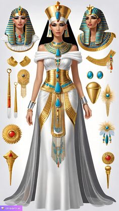 an egyptian woman in white and gold dress with jewels, necklaces and other items