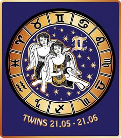 the zodiac sign for twins with two angels sitting on top of each other in front of a