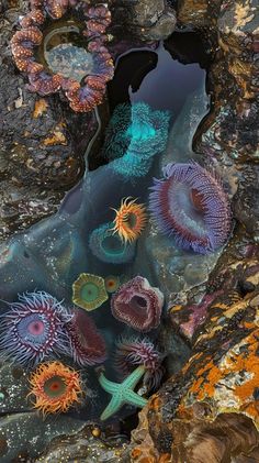 colorful sea anemones are growing on the rocks