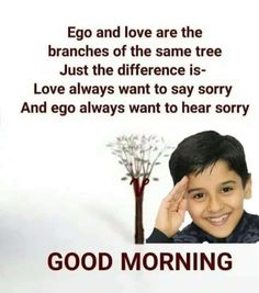 a young boy is smiling and holding his hand up to his face with the words good morning on it