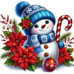 a snowman wearing a blue hat and scarf next to poinsettis with candy cane