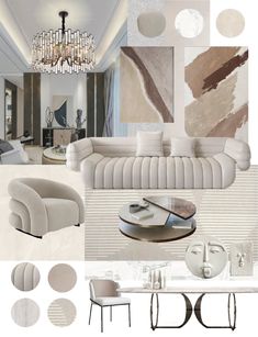 a living room filled with furniture and decor items in shades of beige, white and brown