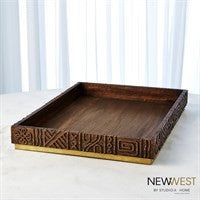 a wooden tray sitting on top of a white table