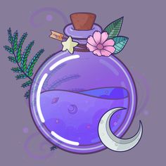 a purple bottle filled with liquid and flowers on top of a moon next to a plant