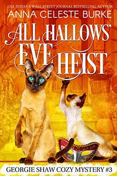 the poster for all hallows eve heist featuring two siamese cats in front of an orange background