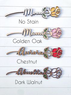 the names of different types of flowers and leaves on a piece of paper that says no stain, mama, golden oak, aurora, ches, chestnut, dark walnut, dark walnut