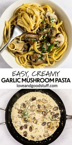 two pictures with different types of pasta in them and the words easy creamy garlic mushroom pasta