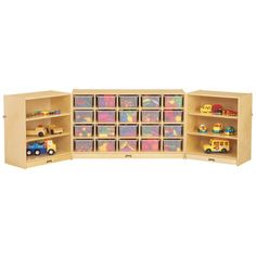 a wooden toy storage unit with plastic bins