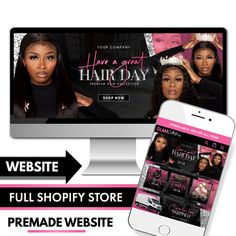 the website for hair salon is displayed on an iphone and computer screen, with text overlay