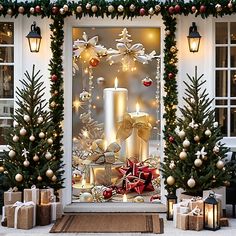 christmas decorations and candles are on display in front of a window with lite - up windows