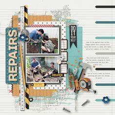 a scrapbook page with an image of two men working