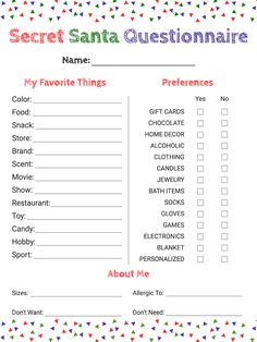 a printable secret santa question sheet with the words'my favorite things'on it