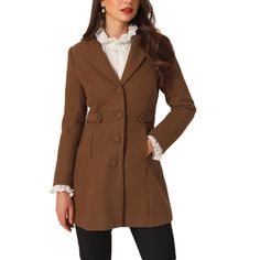 This women's winter coat boasts a timeless notched lapel that exudes sophistication and elegance. The single-breasted button-down front adds a touch of refinement to any outfit. A must-have option for the new season, add new styles to your wardrobe. Featuring a soft lining and comfortable fit, this winter coat is perfect for those who want to stay warm without sacrificing comfort. It's designed to keep you cozy, even on the coldest of days. Can be dressed up or down. Pair it with jeans and ankle Winter Collared Blazer With Buttons, Winter Pea Coat With Button Closure And Suit Collar, Elegant Brown Collared Blazer, Collared Winter Formal Blazer, Tailored Wool Coat With Buttons For Office, Solid Wool Coat With Button Closure For Office, Solid Wool Coat With Buttons For Work, Elegant Collared Buttoned Outerwear, Workwear Wool Coat With Buttons