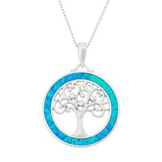 "Featuring a tree of life motif with lab-created blue opal inlays, this circle pendant offers natural beauty. Comes in a gift box.PENDANT DETAILS Pendant length: 1.34 in. Chain length: 18 in. Clasp: spring-ring Metal: rhodium-plated sterling silver STONE DETAILS Stone type: lab-created blue opal Setting: inlay  Size: 18"". Gender: female. Age Group: adult." Blue Opal Round Necklace, Nature-inspired Tree Of Life Round Jewelry, Life Circle, Circle Pendant Necklace, Silver Tree, Tree Of Life Pendant, Blue Jewelry, Circle Pendant, Blue Opal