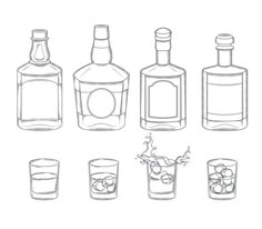 bottles and glasses filled with different types of alcohol, including water, vodka or gin