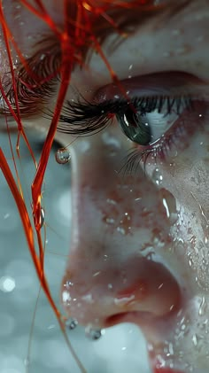 a woman's face with water droplets on it and her eye partially covered by red thread