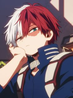 an anime character with red hair and blue eyes looking at the camera, while holding his hand to his chin