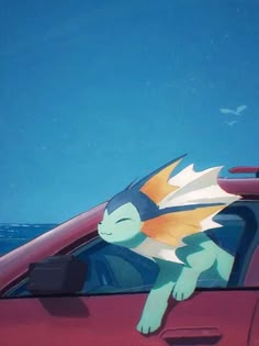 a cartoon character sitting in the passenger seat of a car with his head out the window