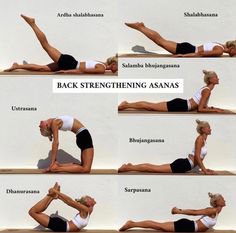 a woman is doing yoga poses on a bench with the words back stretching asas above her