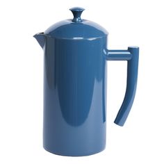 a blue coffee pot is shown on a white background