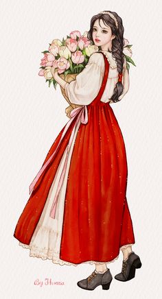 a watercolor drawing of a woman in a red dress holding flowers