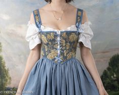 Blue and Yellow Floral Regency Stays – French Meadows Regency Stays, Divine Women, Modern Bra, Summer Gardens, Garden Aesthetics, Fair Outfit, Cottagecore Garden, Linen Skirts, Ren Faire Outfits