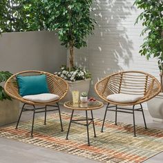 two wicker chairs sitting on top of a rug next to a potted plant