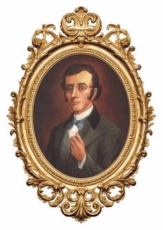 an antique portrait of a man in a suit and bow tie, framed by ornate gold frame