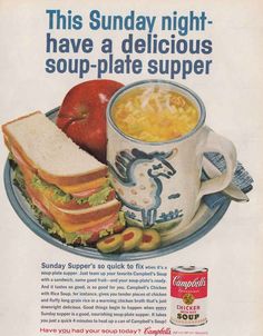 an advertisement for soup and sandwiches on a plate