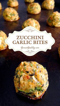 zucchini garlic bites on a baking sheet with the title overlay reading zucchini garlic bites