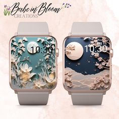 two smart watches with floral designs on the front and back, both showing different time zones