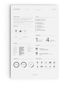 a white and black resume is displayed on a gray background with icons, numbers, and symbols