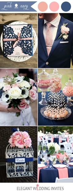 an image of wedding decorations and flowers in blue, pink, and white colors with text that reads elegant wedding infos