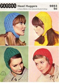 four women's hats in different colors and sizes, with the words patons head hug