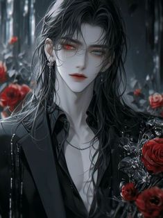 a woman with long hair and red eyes standing in front of roses