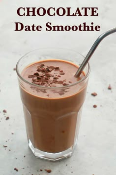 chocolate date smoothie in a glass with a spoon on the side and text overlay that reads chocolate date smoothie