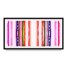 an abstract painting in pink, orange and blue with stripes on it's edges