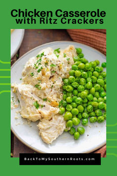 chicken casserole with ritz crackers on a white plate and green peas