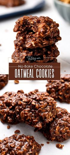 no bake chocolate oatmeal cookies are stacked on top of each other