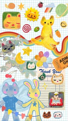 an image of stickers on a sheet of paper with animals and other things in it