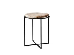 a small black metal stool with a marble top on a white background, it is also available for use as a side table