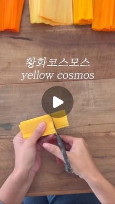 a person is cutting yellow cosmos on a wooden surface with scissors and paper