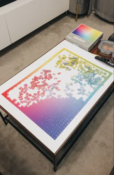 a coffee table with a puzzle on it