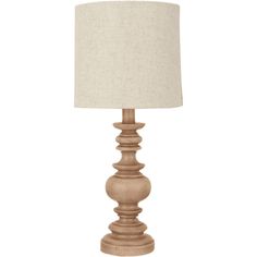 a wooden table lamp with a white shade on the base and a beige linen lampshade