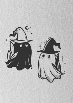 two black and white drawings of ghost heads with hats on their heads, one is wearing a