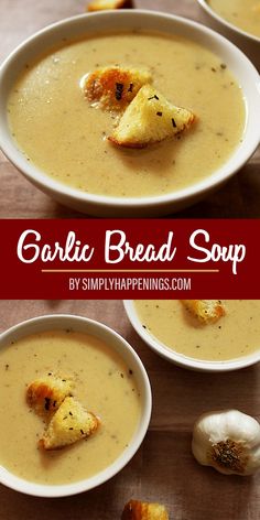 garlic bread soup in two white bowls on a wooden table